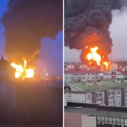 وزيرا الداخلية والنفط الكويتيين أثناء تفقدهما للحريق الهائل الذي اندلع في سوق المباركية